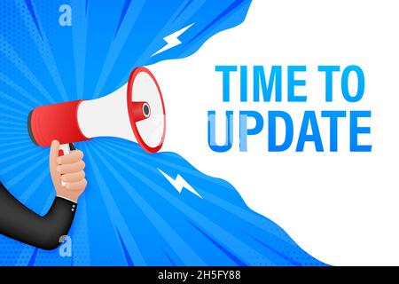 Hand Holding Megaphone with Time to update. Megaphone banner. Web design Stock Vector