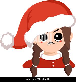 Girl with big eyes and angry emotions, grumpy face, furious eyes in red Santa hat. Cute child with furious expression in carnival costume for holiday, New Year and Christmas. Head of adorable kid Stock Vector