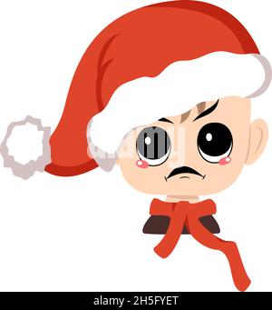 Boy with angry emotions, grumpy face, furious eyes in red Santa hat. Cute kid with furious expression in carnival costume for New Year, Christmas and holiday. Head of adorable child Stock Vector