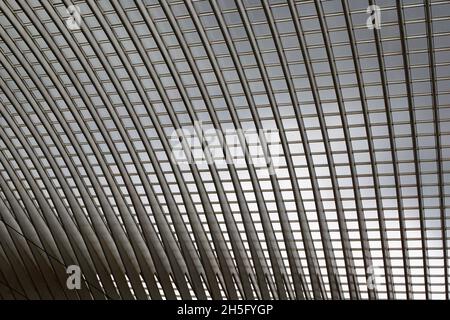 Abstrakte, grafische Dachstruktur mit zahlreichen Streben und Fenstern des Bahnhofs Bahnhof Liège-Guillemins, in Lüttich, Wallonie, Belgien. Stock Photo