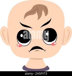 Child with angry emotions, grumpy face, furious eyes. Head of cute baby with furious expression Stock Vector