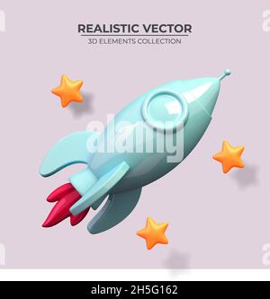 Flying blue space rocket in space with stars. Spaceship launch business product on market concept. Rocket 3d icon. Realistic creative conceptual symbol of startup. Vector illustration Stock Vector
