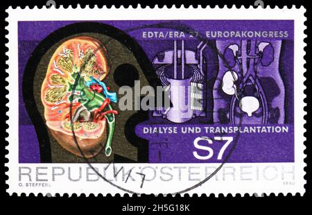 MOSCOW, RUSSIA - OCTOBER 24, 2021: Postage stamp printed in Austria devoted to 27th Congress of European Dialysis and Transplant Association, circa 19 Stock Photo