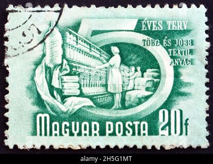 HUNGARY - CIRCA 1950: a stamp printed in Hungary shows Textile Industry, circa 1950 Stock Photo