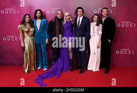 Salma Hayek, Jared Leto, Jeremy Irons, Lady Gaga, Adam Driver, Camille Cottin and Jack Huston (left-right) attending the House of Gucci UK Premiere, held at the Odeon Leicester Square, London. Picture date: Tuesday November 9, 2021. Stock Photo