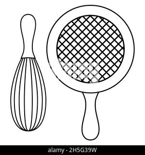 Kitchen tools set of sieve and whisk, set for baking outline simple minimalistic flat design vector illustration isolated on white background Stock Vector