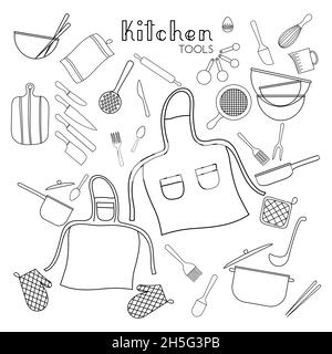 Kitchen tools set of different utensil, set of cutlery, bowls, potholders, aprons, knives, pots and pans outline simple minimalistic flat design Stock Vector