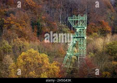 Headframe of former Carl Funke colliery in an autumnal forest, Essen-Heisingen near Lake Baldeney, Essen, Ruhr Area, North Rhine-Westphalia, Germany Stock Photo