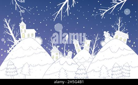 Illustration of a winter night with snow falling in a cute garden and village Stock Vector
