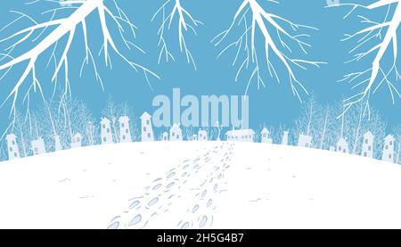 Illustration of footprints in a snowy village Stock Vector