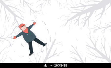 Illustration of a man lying in a snowy forest and enjoying winter Stock Vector