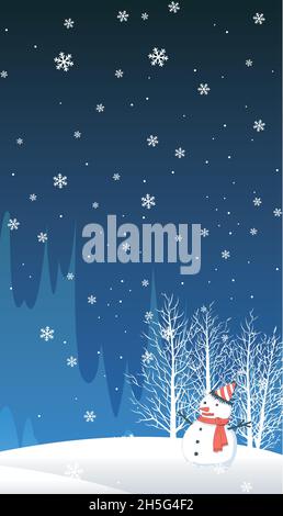 Snowman and winter tree landscape illustration under the snowy winter night sky Stock Vector