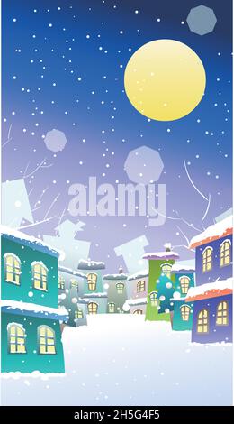 Winter night scenery with snow falling in a charming village with a full moon Stock Vector