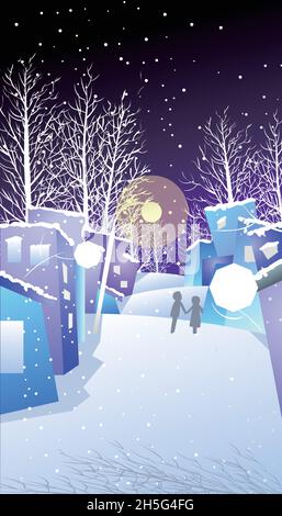 A man and a woman walking down an alley with street lights on a snowy winter night Stock Vector