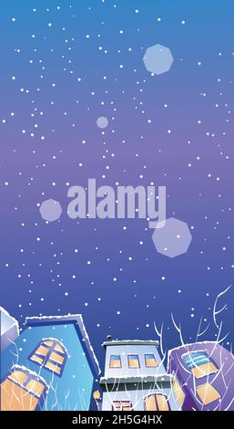 Snowy winter night landscape, night sky and small houses illustration Stock Vector