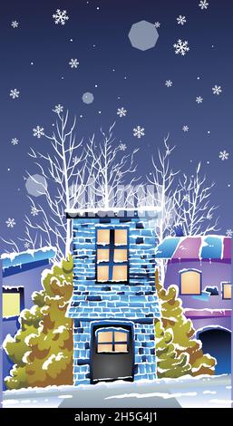 Illustration of a winter landscape with snow on a retro building Stock Vector
