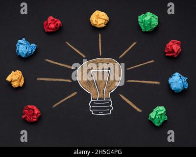 A drawing of a light bulb with colorful crumpled paper balls around it. Close up. Stock Photo