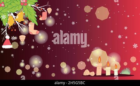 Christmas accessories and candles on a red background Stock Vector