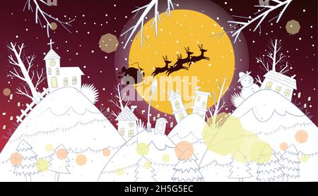 A village with a red background, Rudolph and Santa's sleigh flying over it Stock Vector