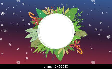 Night sky round frame made of Christmas tree, house and trees Stock Vector