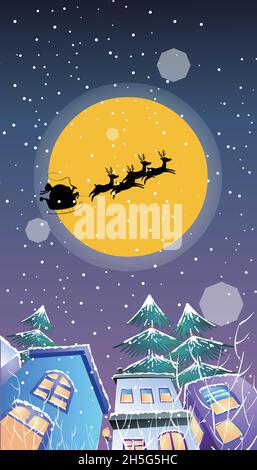 Little town, Santa's sleigh flying over the blue night sky Stock Vector