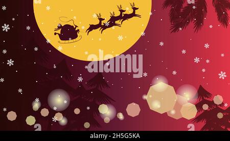 Santa Claus's sleigh soaring over the full moon in the red night sky Stock Vector