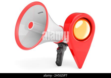 Megaphone with map pointer, 3D rendering isolated on white background ...