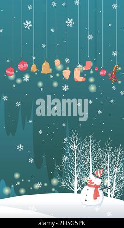 Christmas decoration with green, snowy trees and snowman Stock Vector