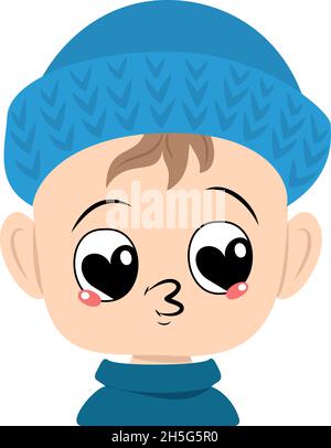 Child with big heart eyes and kiss lips in blue knitted hat. Cute kid with loving face in autumnal or winter headdress. Head of adorable toddler with happy emotions Stock Vector