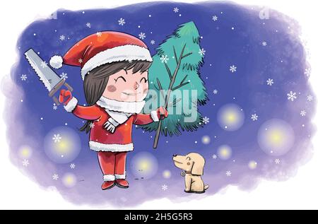 Girl in Santa Claus costume holding a Christmas tree in her hands Stock Vector