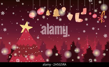 Christmas decorations with trees on a red background Stock Vector