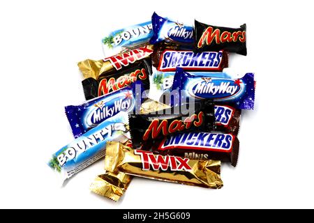 Mars, Bounty, Snickers, Milky Way and Twix chocolate bars, brands of Mars Incorporated Stock Photo