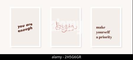 Inspirational quotes about self care poster collection. Neutral colors. Minimalist wall decoration, print or postcard. Vector illustration, flat desig Stock Vector