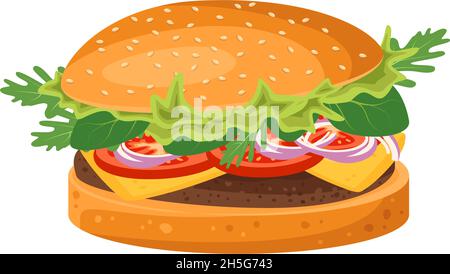 Hamburger with cutlet, tomatoes and salad. Fast food icon for restaurant, cafe and design. Vector flat illustration of products and meat meals Stock Vector