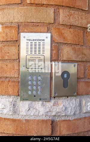 Stockholm, Sweden - April 15, 2021: Entryphone with digital passage system in Sweden Stock Photo
