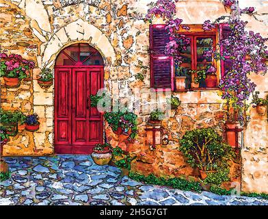 old house, veranda and garden, cartoon style, vector illustration for postcard.  Stock Vector