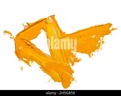 Yellow oil brush stroke with triangle and arrow. Abstract varnish splash triangle shape. Glossy oil paint smear long line on white background. EPS10 v Stock Vector