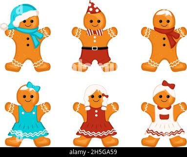 Gingerbread man and woman cookies, decoration for the new year and Christmas and holidays. Biscuits in Santa hat, dress, with glaze pattern and cheerful face. Vector flat illustration Stock Vector