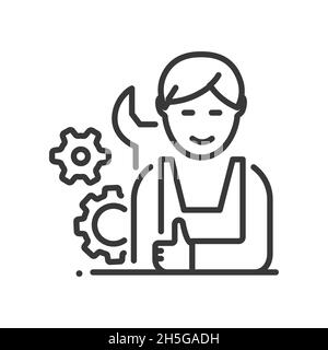 Auto Mechanic - vector line design single isolated icon on white background. High quality black pictogram. An employee of a car service station does a Stock Vector