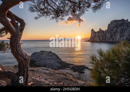 The evening sunset over the Caraul-Oba mountain, Novy Svet, Crimea Stock Photo