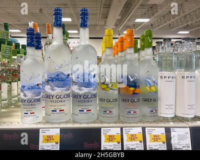 Springfield, IL USA  - September 23, 2021:  A display of bottles of Grey Goose Vodka  with background bokeh at a Binneys liqour store in Springfield, Stock Photo