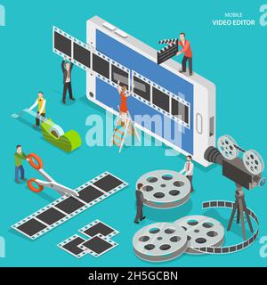 Mobile video editor flat isometric vector concept. Stock Vector