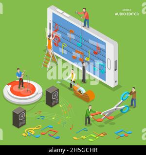 Mobile audio editor flat isometric vector concept. Stock Vector