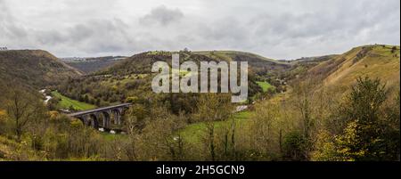 A multi image panorama of the Monsal Dale featuring the Monsal Head viaduct seen in the autumn of 2021. Stock Photo