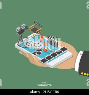 Mobile video editor flat isometric vector concept. Stock Vector