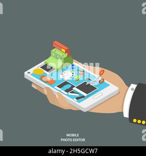 Mobile photo editor flat isometric vector concept. Stock Vector