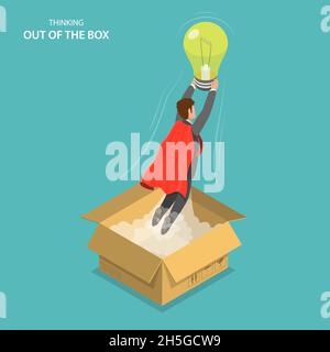 Thinking outside the box isometric flat vector illustration. Stock Vector