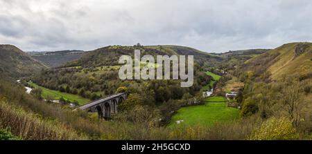 A multi image panorama of the Monsal Head viaduct crossing the Wye Valley and the River Wye captured in the autumn of 2021. Stock Photo