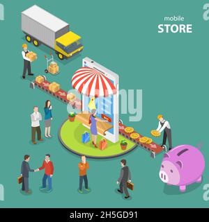 Mobile store flat isometric low poly vector concept. Stock Vector