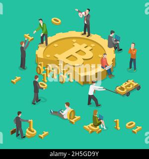 Bitcoin mining flat isometric low poly vector concept Stock Vector
